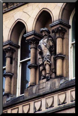 Close up of Cromwell's statue on Bradford City Hall
